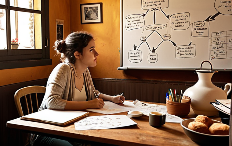 **

A writer at their desk, surrounded by notes, a whiteboard with plot points connected by arrows, and character sketches.  The scene is bathed in warm, inviting light, perhaps a cozy Italian cafe setting. Emphasize the feeling of inspiration and the initial creative process.

**