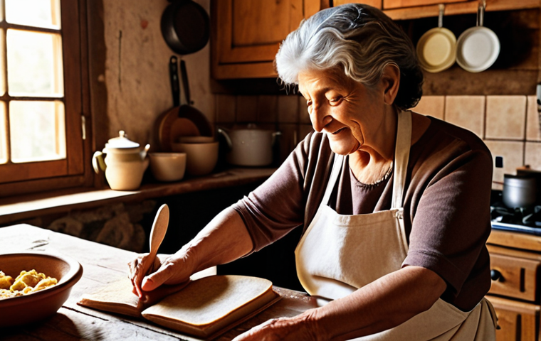 **A sun-drenched photo of an Italian grandmother in her rustic kitchen, sharing a cooking secret with her granddaughter. Focus on the warmth and connection, emphasizing traditional ingredients and a handwritten recipe book.** (This prompt is based on the section about connecting with the audience through personal stories and culinary roots.)