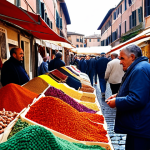 **

A bustling outdoor market scene in Rome. Focus on sensory details: vibrant colors of fabrics, strong smells of spices, the cacophony of voices. Capture the feeling of being immersed in the market's energy, similar to local neighborhood markets.

**