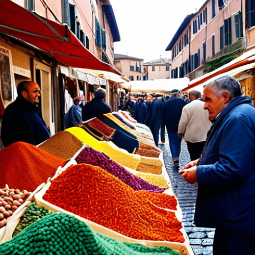 **

A bustling outdoor market scene in Rome. Focus on sensory details: vibrant colors of fabrics, strong smells of spices, the cacophony of voices. Capture the feeling of being immersed in the market's energy, similar to local neighborhood markets.

**