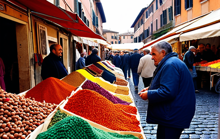 **
A bustling outdoor market scene in Rome. Focus on sensory details: vibrant colors of fabrics, strong smells of spices, the cacophony of voices. Capture the feeling of being immersed in the market's energy, similar to local neighborhood markets.
**