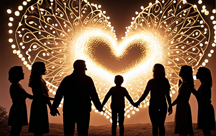 An evocative and warm image symbolizing deep human connection through authentic storytelling. Focus on elements like intertwining light particles forming a bridge between people, subtle heart motifs emerging from shared narratives, and abstract shapes suggesting empathy and trust. A diverse group of individuals should appear subtly interconnected, possibly through a shared gaze or a gentle glow that emanates from their hearts, representing the bond created by genuine stories. The overall mood should be inspiring and intimate, reflecting a profound emotional resonance and vulnerability. Soft, inviting color palette.