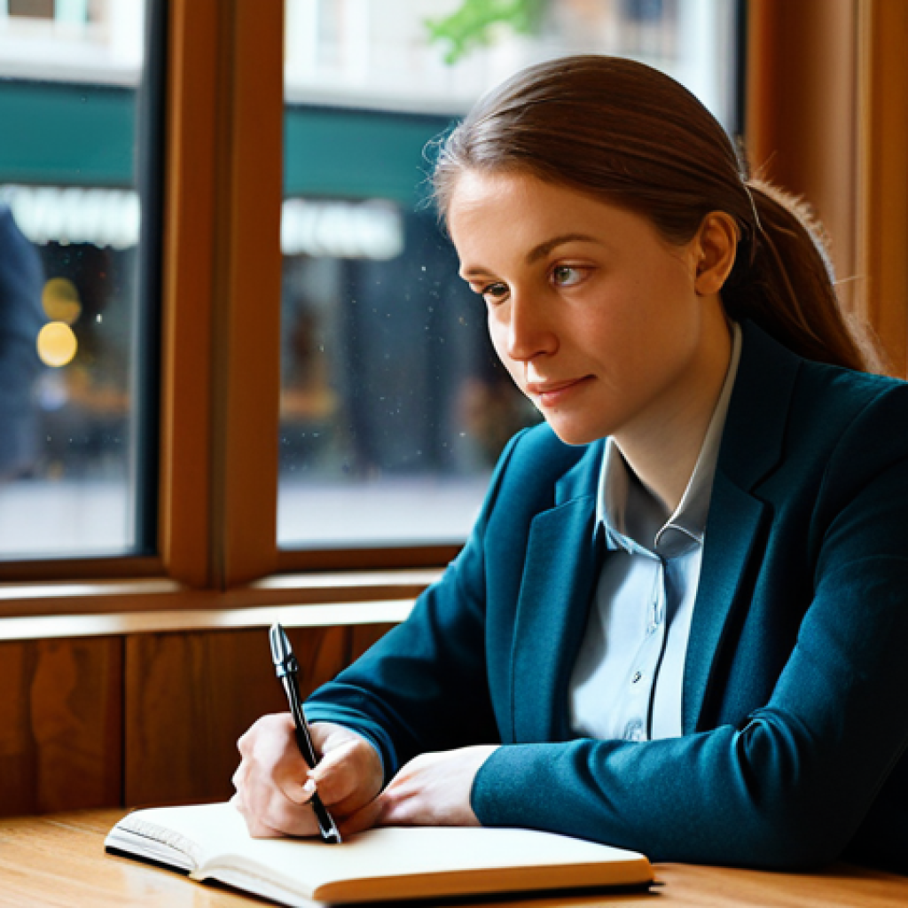 A thoughtful professional writer, fully clothed in a modest, appropriate business casual outfit, sitting comfortably at a table in a warm, inviting cafe. They hold a pen and a notebook, their gaze reflecting deep empathetic listening as they absorb the subtle nuances of the surrounding environment, conveying a profound understanding of human experiences. The atmosphere is quiet and contemplative, bathed in soft, natural light. perfect anatomy, correct proportions, natural pose, well-formed hands, proper finger count, natural body proportions, professional photography, high quality, safe for work, appropriate content, fully clothed, professional.