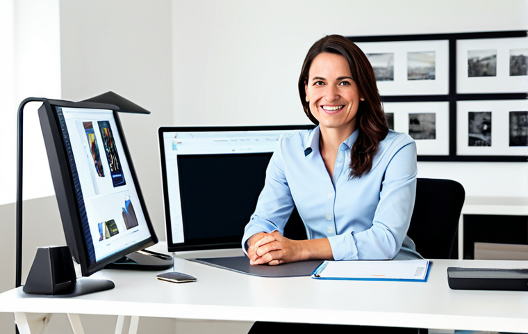 A professional female digital storyteller, mid-30s, dressed in a modest, contemporary business casual outfit, sitting at a modern, minimalist desk in a bright, inviting home studio. She is looking directly at the camera with a warm, authentic smile, conveying a sense of genuine connection. The background features subtle, blurred elements of digital screens and creative tools, emphasizing a clean and organized workspace. Perfect anatomy, natural pose, well-formed hands, correct proportions, professional photography, high quality, fully clothed, appropriate attire, safe for work, family-friendly.