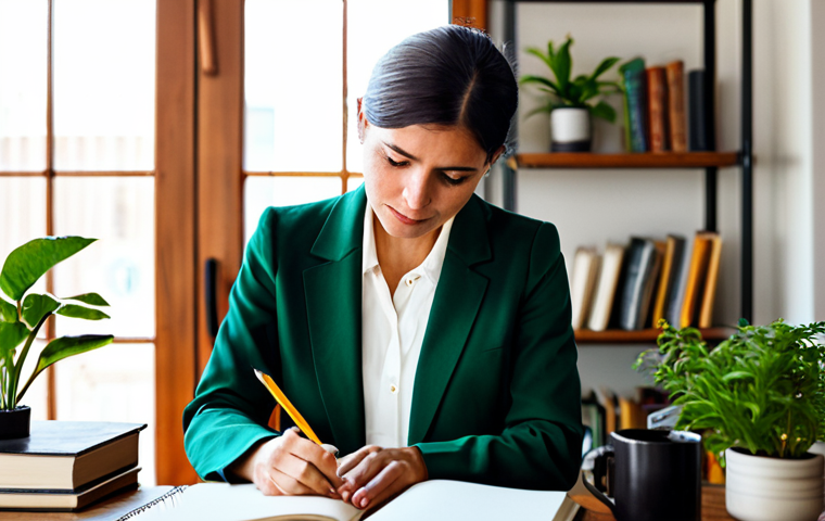 A professional female storyteller in a modest, contemporary blazer and blouse, thoughtfully writing in a leather-bound notebook. She is seated at a polished wooden desk in a sunlit home office, surrounded by neatly stacked books, a warm ceramic coffee mug, and a vibrant green plant. The atmosphere is calm and inspiring, emphasizing human creativity and authenticity. Fully clothed, appropriate attire, safe for work, appropriate content, perfect anatomy, correct proportions, natural pose, well-formed hands, proper finger count, natural body proportions, professional photography, high quality, family-friendly.