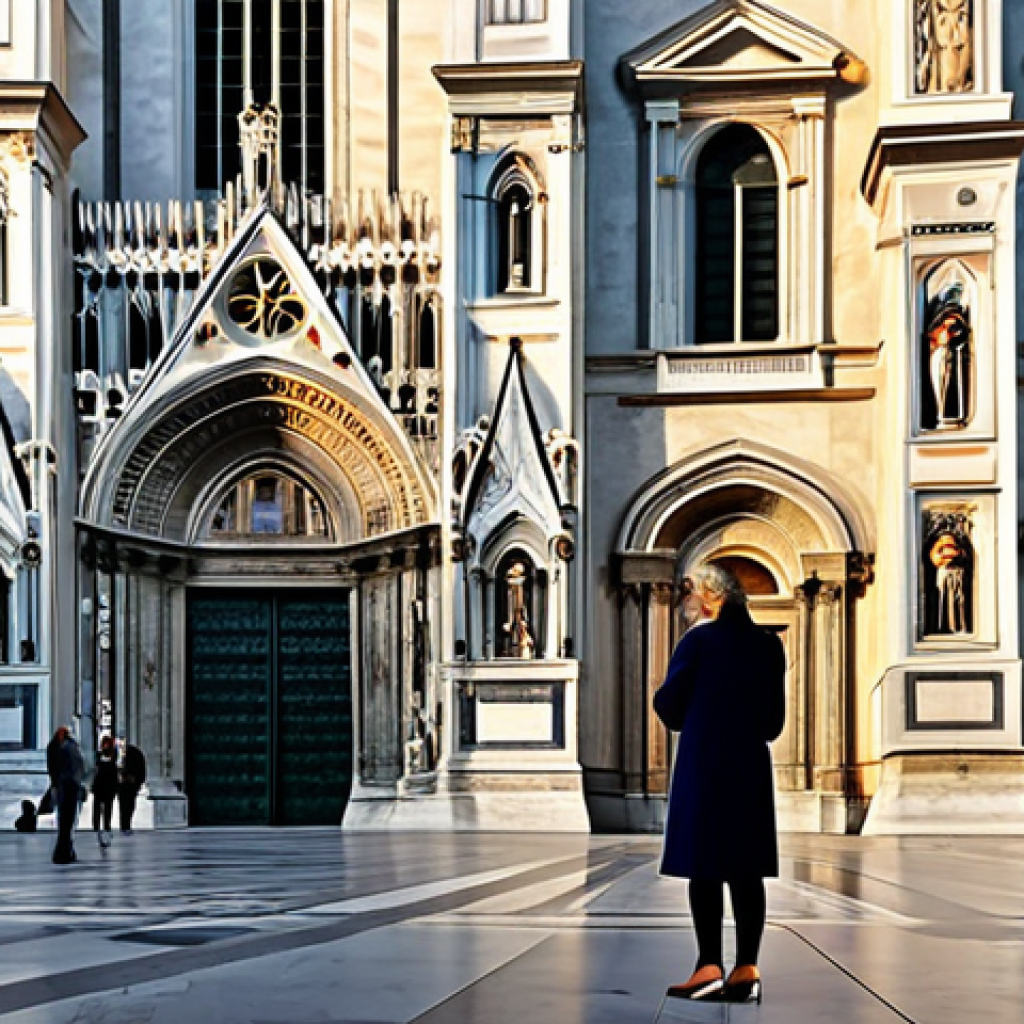 **

"A professional architect, fully clothed in a stylish but modest dress and comfortable shoes, standing in front of the Duomo di Milano during golden hour, reviewing blueprints. Safe for work, appropriate content, professional setting, perfect anatomy, natural proportions, family-friendly."

**