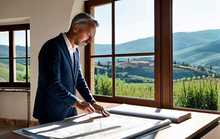 **

A professional architect, fully clothed in a stylish yet modest outfit (perhaps dark trousers, a collared shirt, and a blazer), reviewing blueprints at a sunlit drafting table. The studio is modern and clean, with large windows overlooking the rolling hills of Tuscany.  Perfect anatomy, correct proportions, natural pose, well-formed hands, proper finger count.  Safe for work, appropriate content, professional, family-friendly.

**