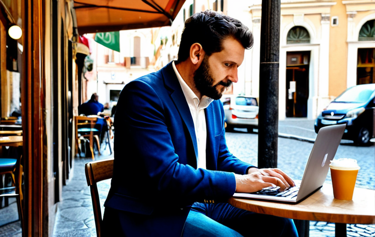**

"A freelance storyteller, fully clothed in casual but professional attire, sitting at a cafe in Rome, working on a laptop. The cafe has a vibrant, bustling atmosphere. Focus on the storyteller's focused expression. Safe for work, appropriate content, professional, modest, family-friendly, perfect anatomy, natural proportions, well-formed hands, proper finger count, natural body proportions, high quality."

**