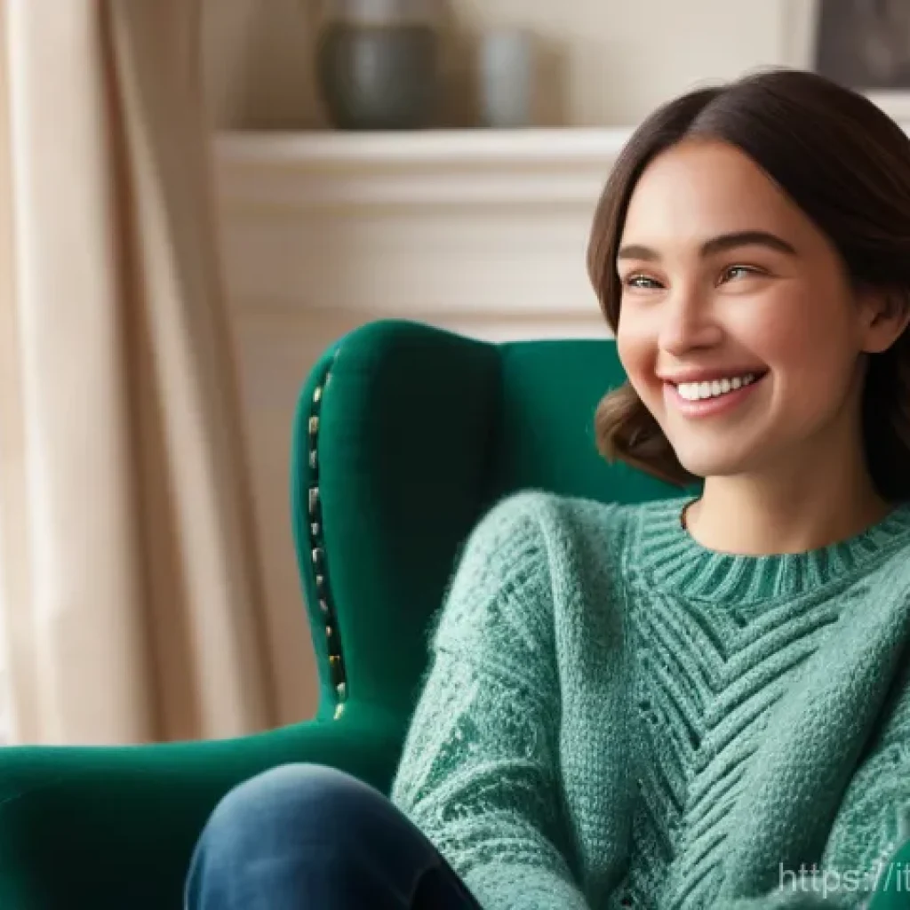 스토리텔러로 성공한 사례 분석 - A warm, inviting scene featuring a young adult woman, dressed in a fashionable, yet modest, knitted ...