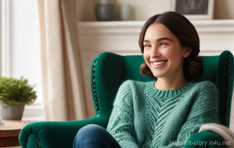 스토리텔러로 성공한 사례 분석 - A warm, inviting scene featuring a young adult woman, dressed in a fashionable, yet modest, knitted ...