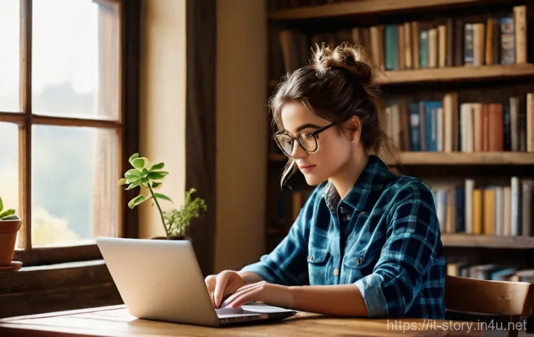 스토리텔러가 알아야 할 법률 지식 - A young female author, in her early twenties, deeply focused on writing at a cozy, rustic wooden des...