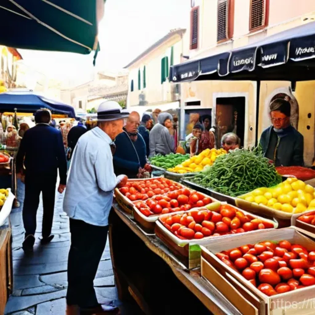 스토리텔러 실기 시험의 핵심 주제 - **Prompt:** A vibrant, authentic Italian outdoor market scene. Focus on rich sensory details: the wa...