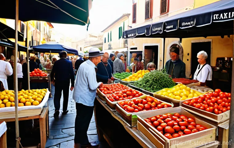 스토리텔러 실기 시험의 핵심 주제 - **Prompt:** A vibrant, authentic Italian outdoor market scene. Focus on rich sensory details: the wa...