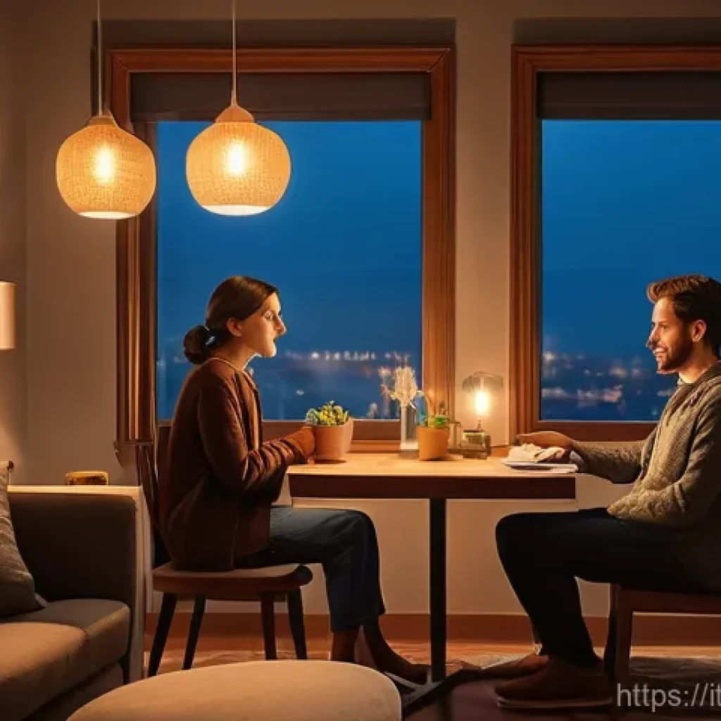 스토리텔러가 작성한 이야기의 주요 요소 분석 - A cozy, lamplit room where two people (a modest couple, fully clothed in everyday wear) are engaged ...