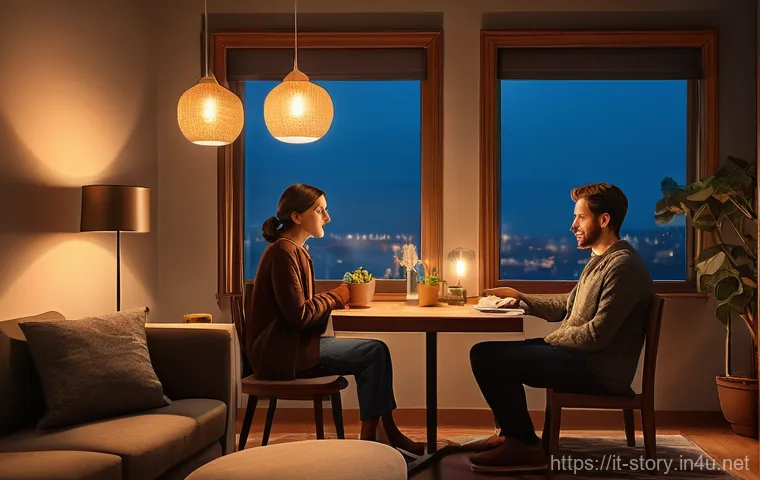 스토리텔러가 작성한 이야기의 주요 요소 분석 - A cozy, lamplit room where two people (a modest couple, fully clothed in everyday wear) are engaged ...