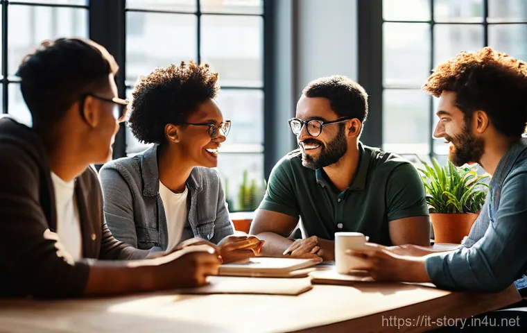 스토리텔러 전문 기관 및 협회 - **Prompt:** A diverse group of professional storytellers, casually dressed but smart, gathered aroun...