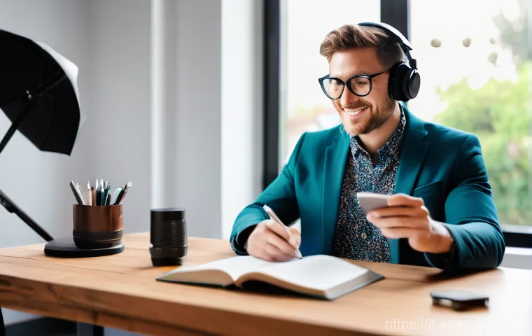 스토리텔러 자격증 시험의 난이도 변화 - **A Modern Storyteller's Dynamic Workspace**
    A vibrant, high-definition photograph of a diverse ...