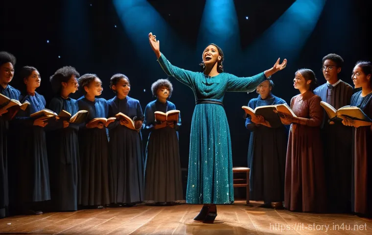 스토리텔러 실기 시험의 평가 항목 - **Prompt:** A diverse, captivated audience, fully clothed in contemporary, respectful attire, looks ...