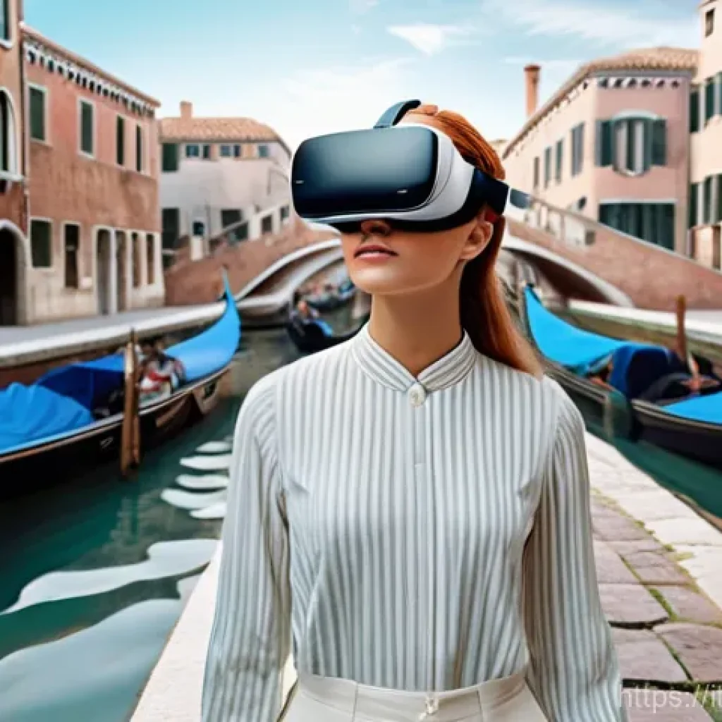 스토리텔러 관련 직업과 디지털 기술의 접목 사례 - **Immersive Renaissance Journey:** A young woman, wearing stylish yet casual attire and a sleek, fut...