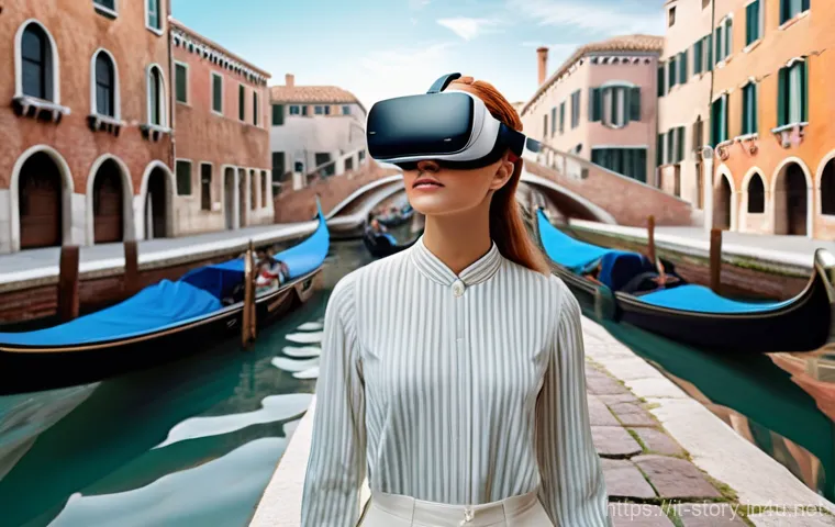 스토리텔러 관련 직업과 디지털 기술의 접목 사례 - **Immersive Renaissance Journey:** A young woman, wearing stylish yet casual attire and a sleek, fut...