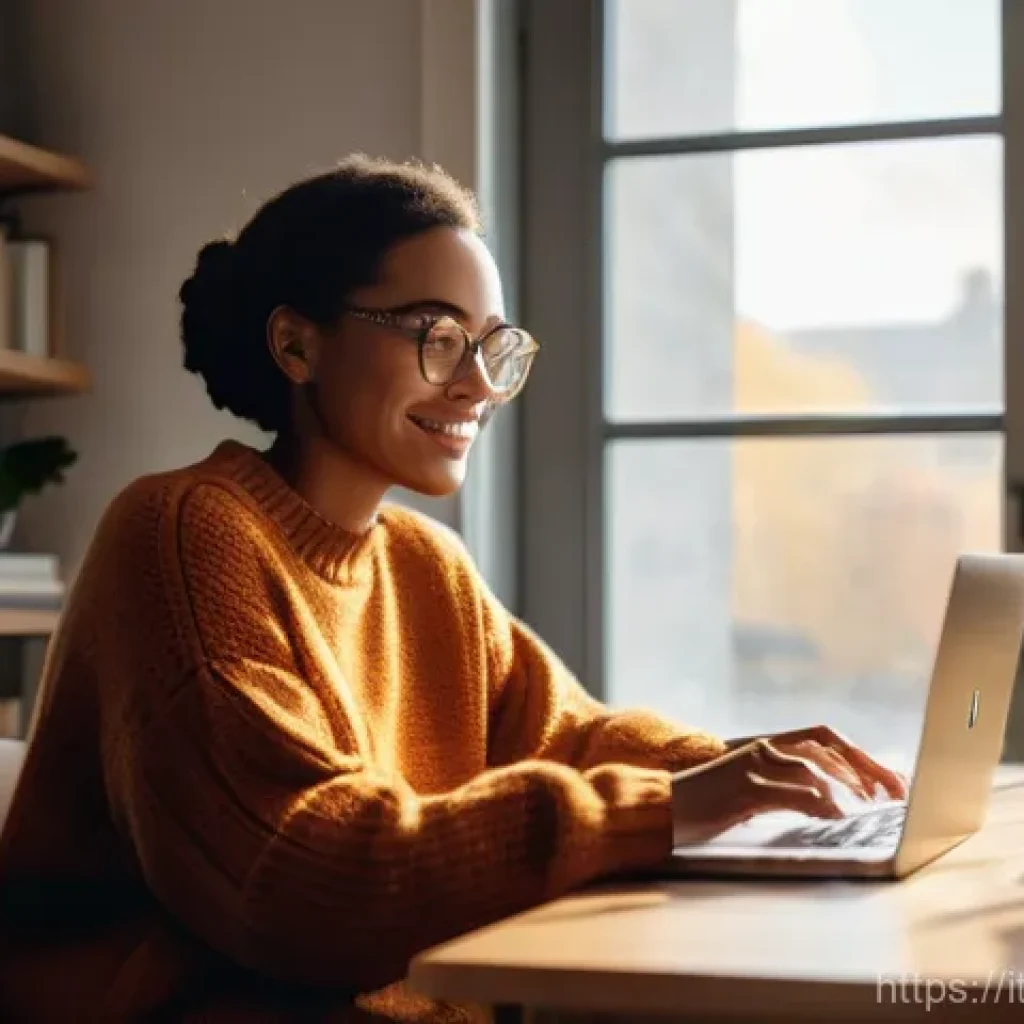 스토리텔러와 디지털 스토리텔링의 접목 사례 - A warm and inviting scene of a digital storyteller in a cozy, modern home office. A young adult woma...