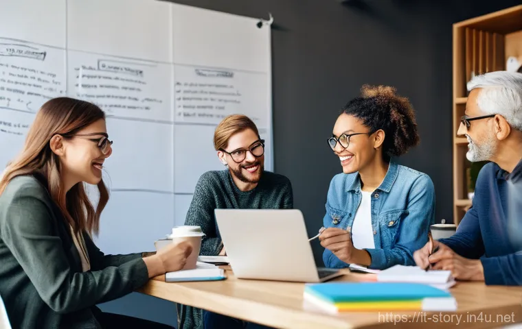 스토리텔러 자격증 준비 스터디 그룹 운영법 - **A Diverse Storytelling Study Group in Action:** A group of 4-5 diverse adults, including both men ...