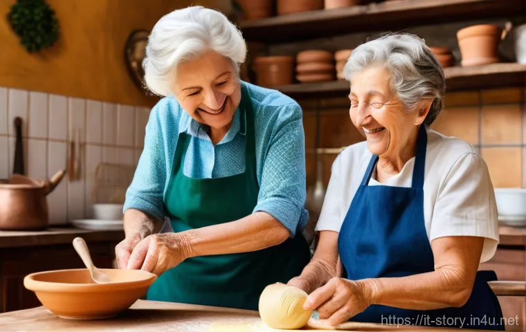 스토리텔러 관련 산업 보고서 요약 - "A heartwarming scene in a rustic, sun-drenched Italian kitchen. A loving elderly nonna, wearing a m...
