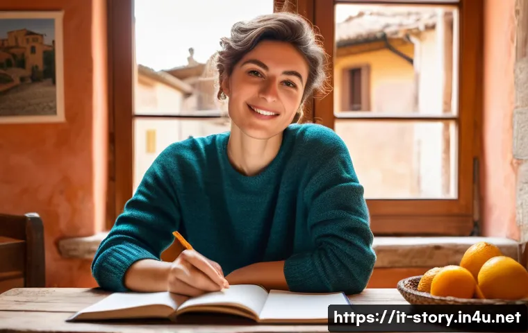 스토리텔러로서 스토리 제작 능력 향상법 - A thoughtful Italian content creator, mid-30s, with warm, expressive eyes, sitting at a rustic woode...