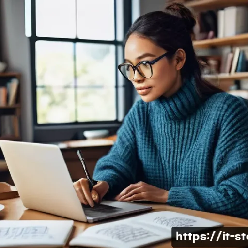 스토리텔러가 주목해야 할 업계 변화 - **AI as a Creative Muse:** A female writer, appearing to be in her mid-30s, is seated at a well-orga...