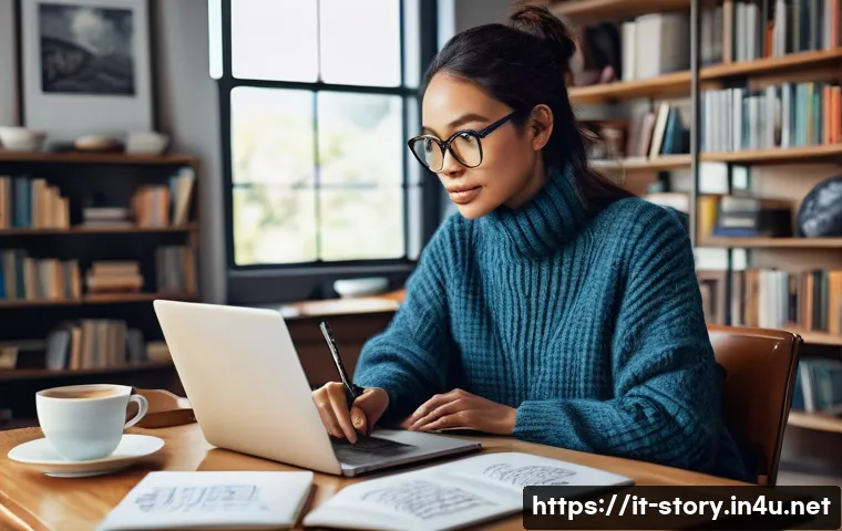 스토리텔러가 주목해야 할 업계 변화 - **AI as a Creative Muse:** A female writer, appearing to be in her mid-30s, is seated at a well-orga...