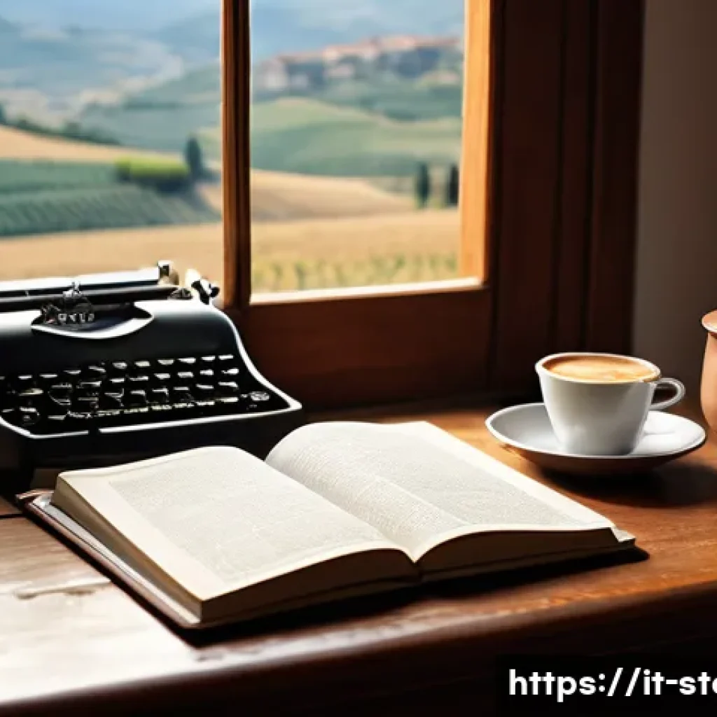 스토리텔러로서 스토리 구성을 잘하는 방법 - A detailed scene of a writer’s cozy study room in Italy, featuring warm natural light filtering thro...
