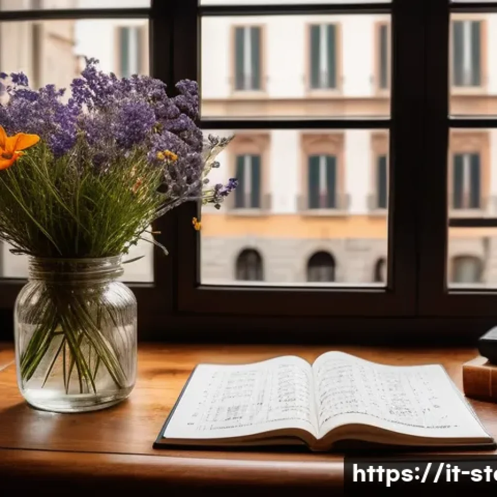 스토리텔러로서 창작 능력 향상법 - A cozy writer’s desk scene in a modern Italian apartment with warm natural light filtering through a...