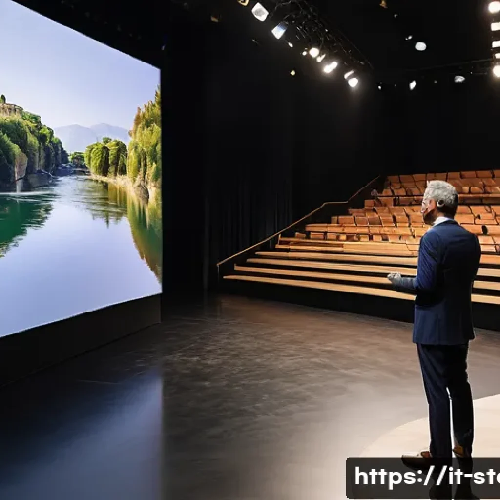 스토리텔러와 이야기 전개의 기술 - A professional storyteller standing on a stage in a modern Italian conference hall, using expressive...