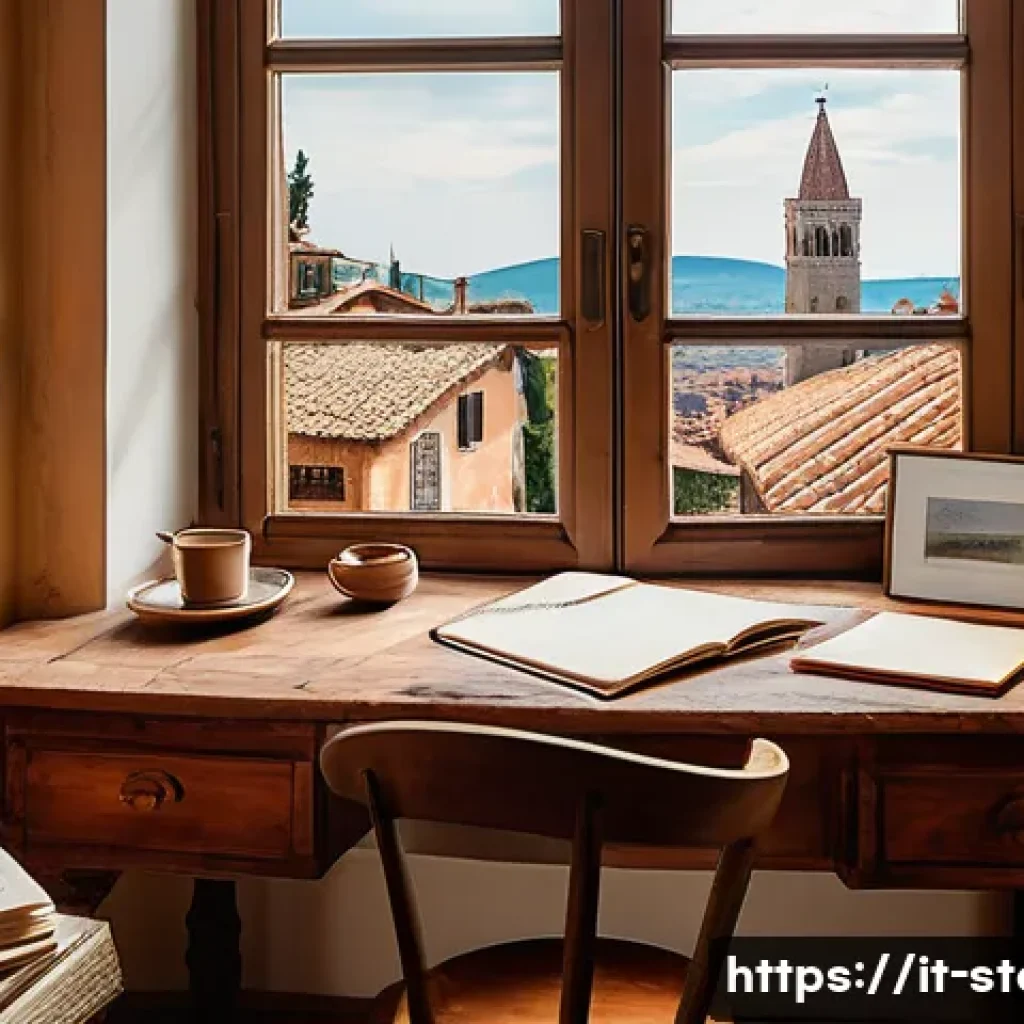 스토리텔러가 자주 접하는 문제와 해결법 - A cozy Italian writer’s studio bathed in warm natural light from a large window overlooking a histor...