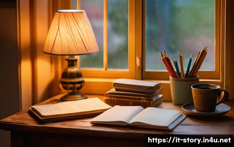 스토리텔러와 이야기 구조의 필수 요소 - A warmly lit writer’s cozy study room during sunset, with pastel-colored walls bathed in soft golden...