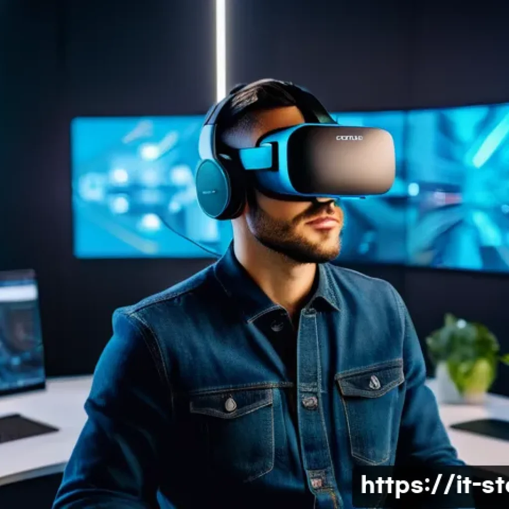 스토리텔러 직무와 관련된 동향 보고서 - A futuristic digital storytelling workspace with a young Italian creative professional, wearing styl...