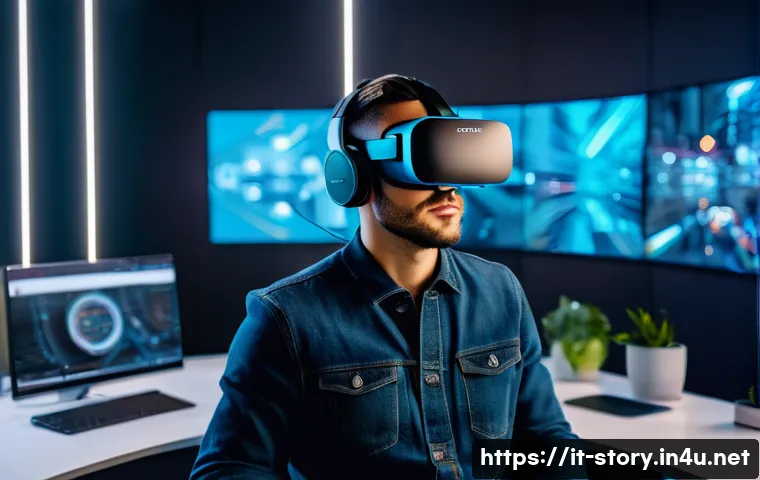 스토리텔러 직무와 관련된 동향 보고서 - A futuristic digital storytelling workspace with a young Italian creative professional, wearing styl...