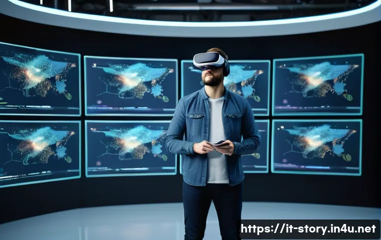 스토리텔러 직업과 관련된 최신 연구 보고서 - A modern digital storyteller working in a sleek, high-tech studio filled with multiple screens showi...