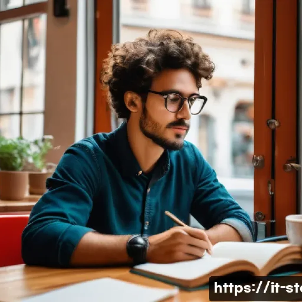 스토리텔러 직업의 만족도와 도전 과제 - A creative storyteller at work in a modern Italian café, surrounded by notebooks, a laptop, and a cu...
