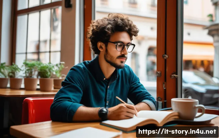 스토리텔러 직업의 만족도와 도전 과제 - A creative storyteller at work in a modern Italian café, surrounded by notebooks, a laptop, and a cu...