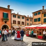스토리텔러가 알아야 할 문화적 차이 - A vibrant Italian village square during a traditional festival, featuring colorful decorations and l...