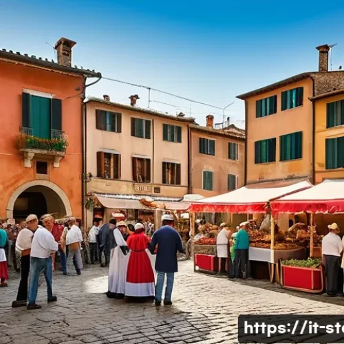 스토리텔러가 알아야 할 문화적 차이 - A vibrant Italian village square during a traditional festival, featuring colorful decorations and l...