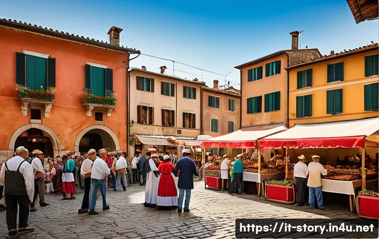 스토리텔러가 알아야 할 문화적 차이 - A vibrant Italian village square during a traditional festival, featuring colorful decorations and l...