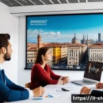 스토리텔러 관련 직업과 스토리 제작 방법과 사례 분석과 연구와 전략 - A modern Italian professional storytelling workshop scene set in a stylish Milan office with large w...