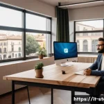 스토리텔러 관련 직업의 필요 역량 - A modern digital storyteller at a sleek, minimalist workspace in Milan, Italy, surrounded by multipl...