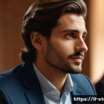 스토리텔러 실기 시험의 평가 기준과 전략 - A confident young Italian speaker standing on a stage in a formal setting, wearing smart casual atti...