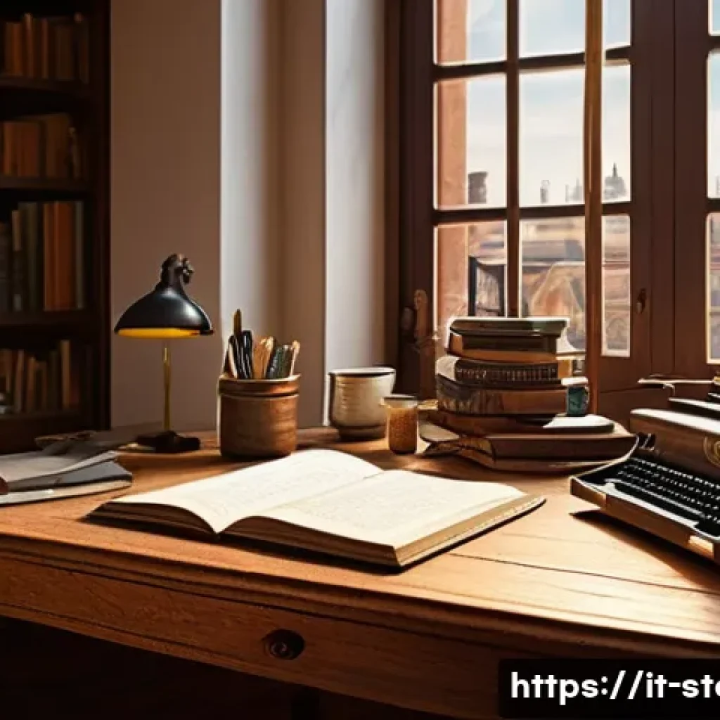 스토리텔러와 관련된 문학 장르 - A cozy writer’s workspace bathed in warm afternoon light, featuring an open laptop with a complex na...