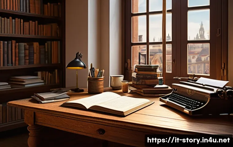 스토리텔러와 관련된 문학 장르 - A cozy writer’s workspace bathed in warm afternoon light, featuring an open laptop with a complex na...