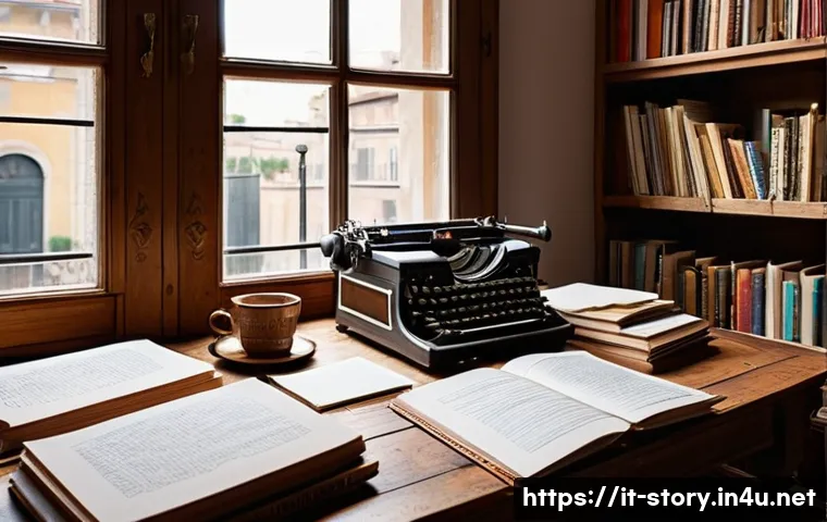 스토리텔러와 관련된 베스트셀러 스토리 연구 - A richly detailed scene of a writer’s cozy study room in a modern Italian apartment, bathed in warm ...