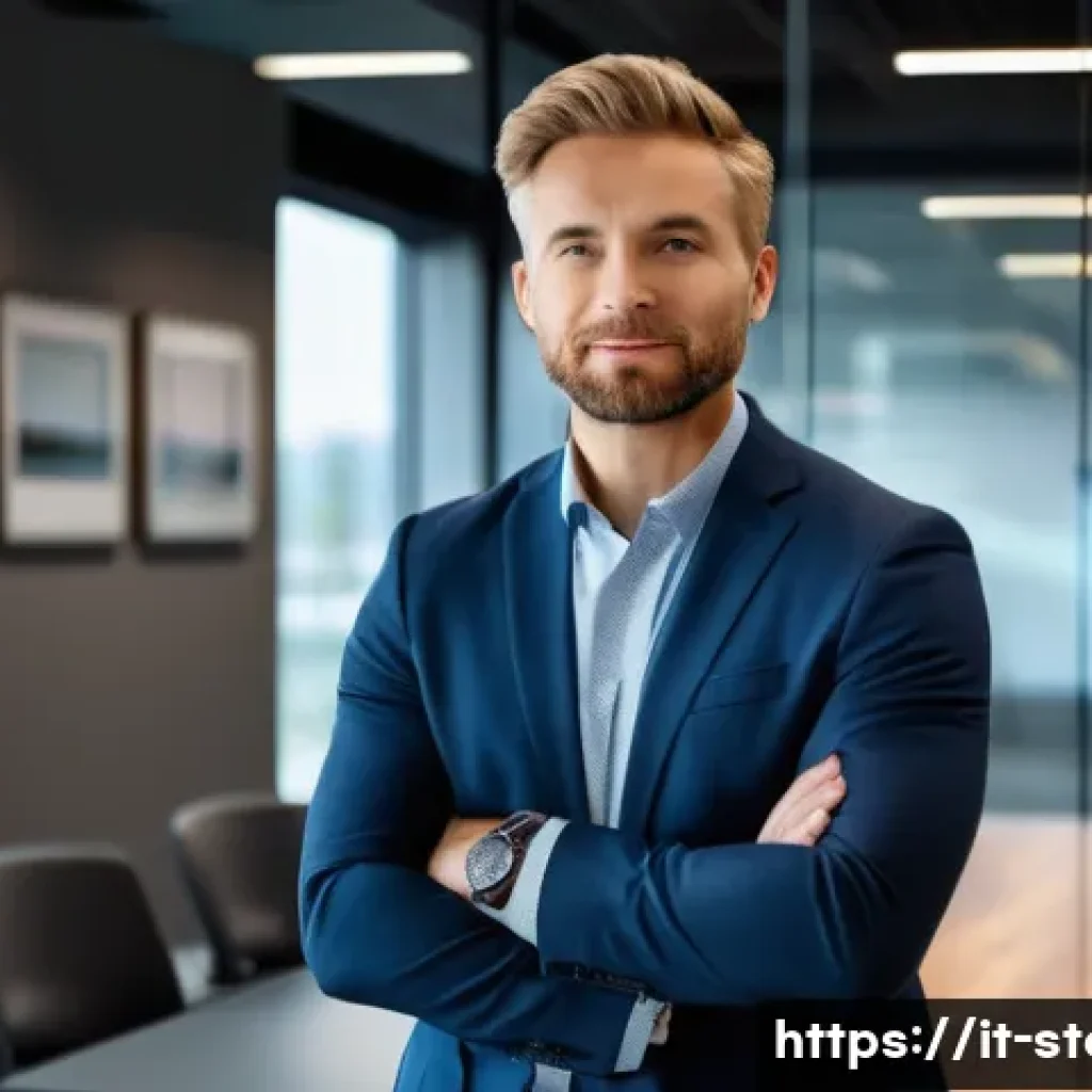 스토리텔러 직무와 관련된 리더십 기술 - A professional corporate leader standing confidently in a modern office conference room, actively li...